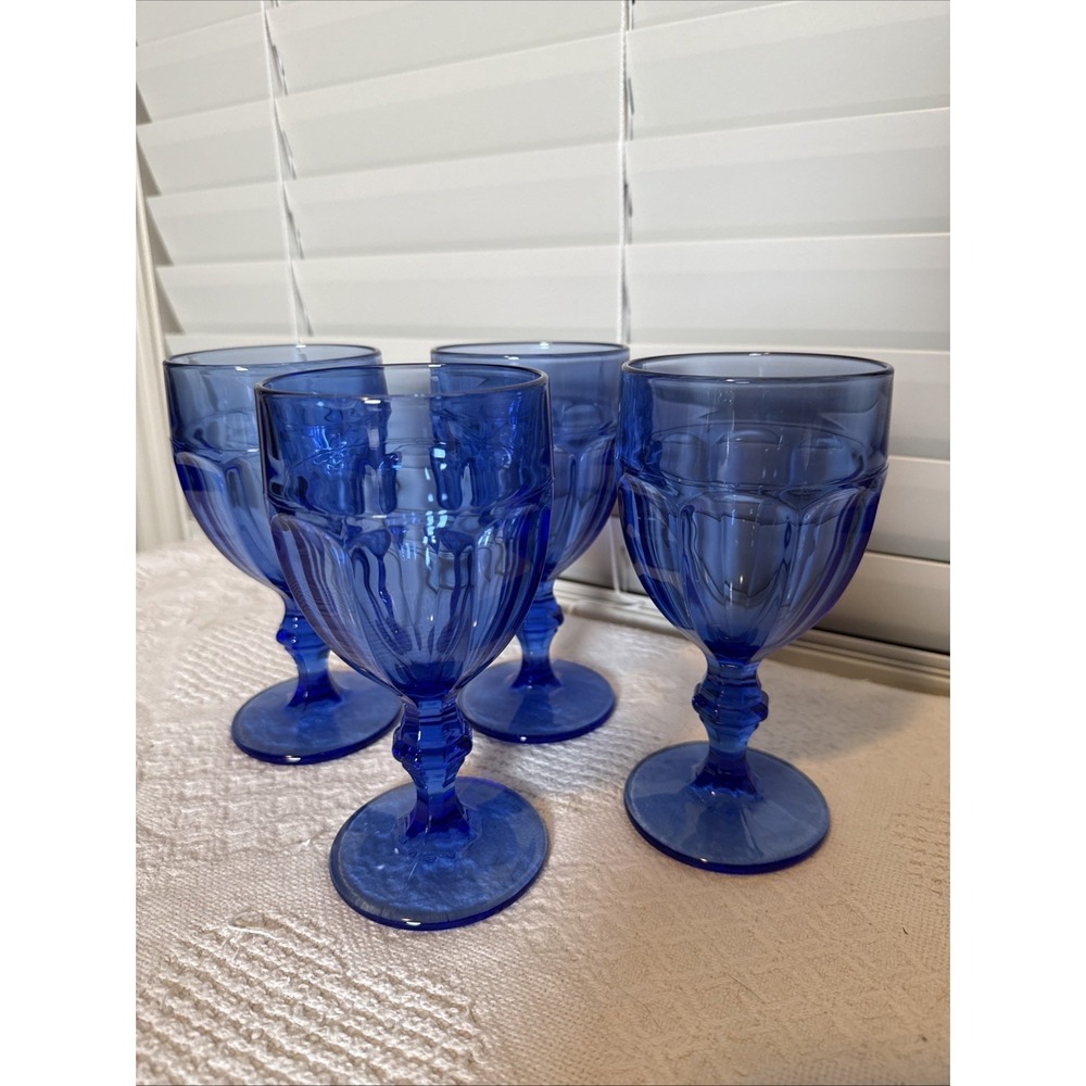 Libbey Duratuff Gibraltar Cobalt Blue Glass Pedestal Footed Water Goblets Set 4
